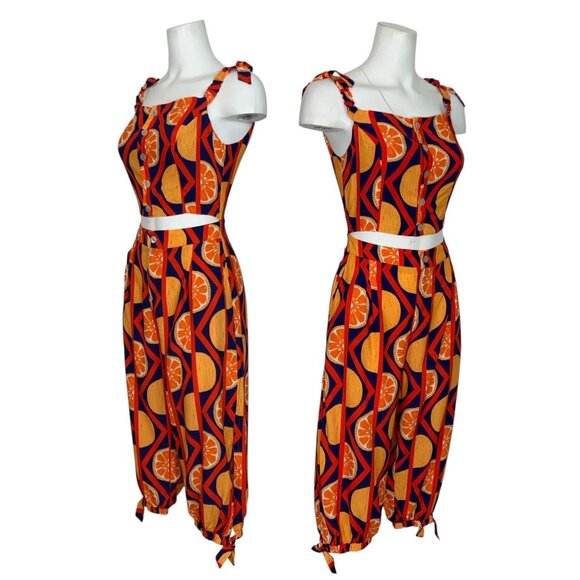 Frida Tropical Jumpsuit M Blue Novelty Orange Fruit Print Sleeveless Cropped - Picture 2 of 14